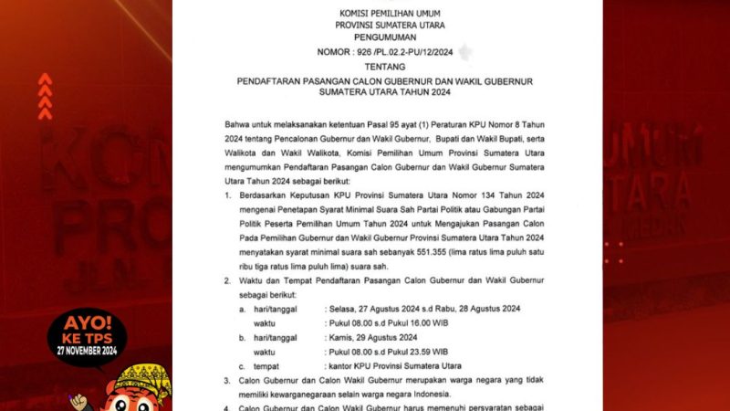 KPU Provinsi Sumut Terbitkan Pengumuman Terkait Pendaftaran Pasangan Cagub dan Cawagub Sumut 2024