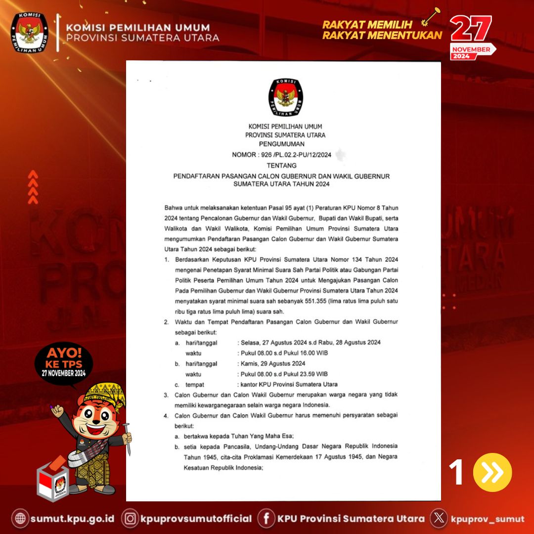 KPU Provinsi Sumut Terbitkan Pengumuman Terkait Pendaftaran Pasangan Cagub dan Cawagub Sumut 2024