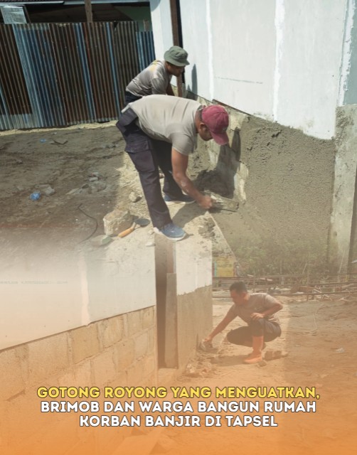 Gotong Royong yang Menguatkan, Brimob dan Warga Bangun Rumah Korban Banjir di Tapsel